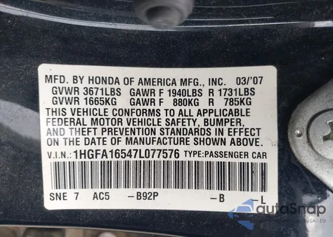 2007 Honda Civic Lx from USA, damaged, VIN 1HGFA16547L077576